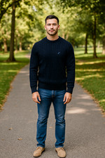 Nautica Men L Navy Pullover Logo Chunky Cable Knit Casual Fishermen Sweater Y2K