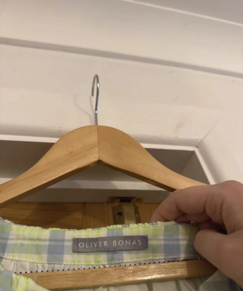 Oliver Bonas Neon Green Yellow Blue Gingham Check Bow Front Tiered Dress 18 - Image 3 of 4