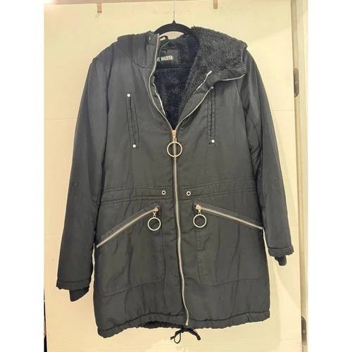 Steve Madden Parka Jacket Mens Large Black Faux Fur Lined Hooded Utility Coat - product listing photo