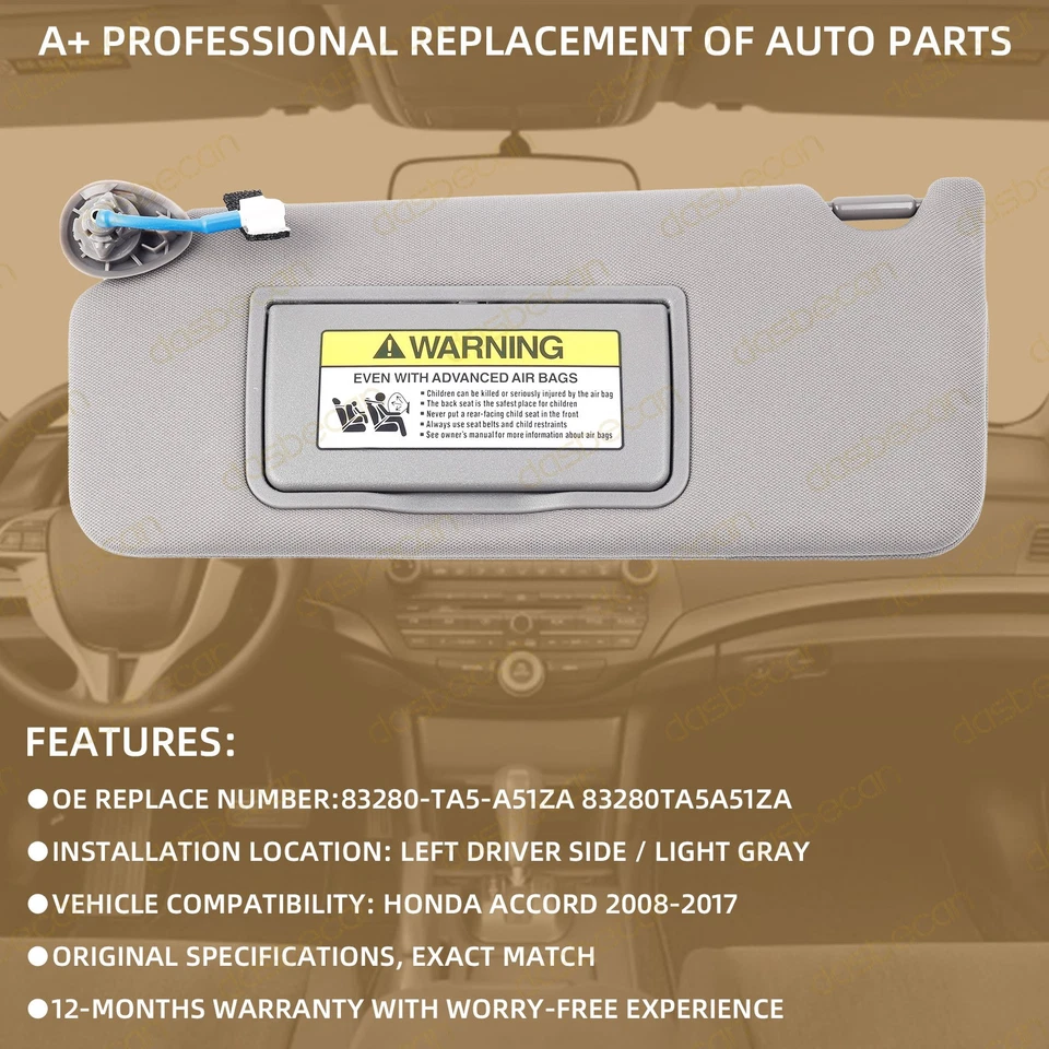 Gray Left Driver Side Sun Visor w/ Light & Mirror For Honda Accord 2008-2017 Foto 2 de 4