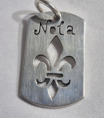 NOLA FLEUR DE LIS SMALL DOG TAG 925 STERLING SILVER CHARM PENDANT 1-1/4 By 3/4