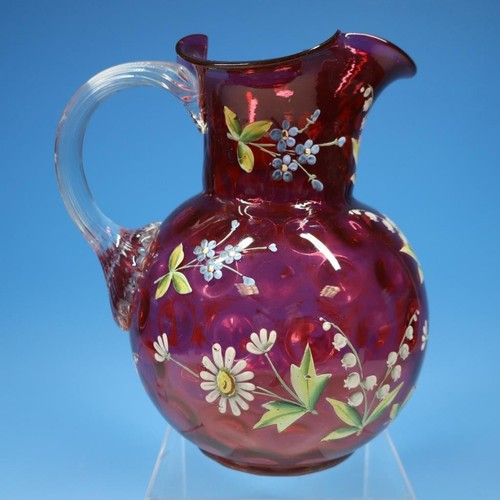 Antique Glass Cranberry Water Pitcher Enamel Painted Lily of the Valley Daisy - Bild 3 von 6