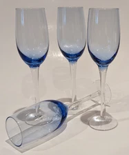 Set of 4 Champagne Flute Glasses, Gradual Blue Colored Bulb, Clear Stem, 9"T