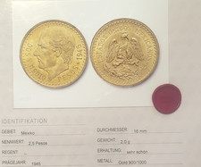 Mexiko 2,5 Pesos 1945 Goldmünze 0,900 Miguel Hidalgo Adler Schlange Kaktus