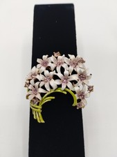 Gold Tone Floral Enamel Rhinestone Brooch Pin White Pink Flowers Green Stems