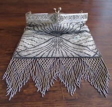 Antique French Cut Steel Micro Bead Purse Evening Bag Filigree Fringe Vintage