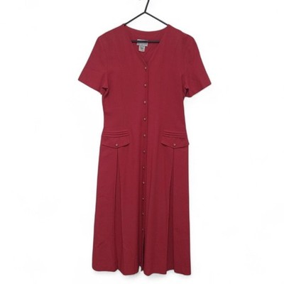 Vintage Dress Katies 12 Red Button Front V Neck Pleated Long A Line C12109