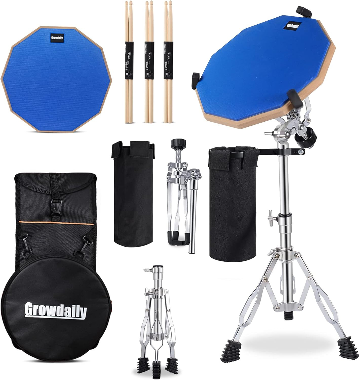 Drum Practice Pad Snare Drum Stand Set 12 in with Blue Double Sided Silent Drum 