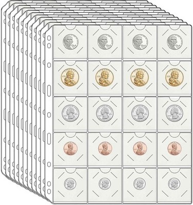 11 Sheets Coin Pocket Pages for 2'' x Cardboard Flips, Standard Clear 