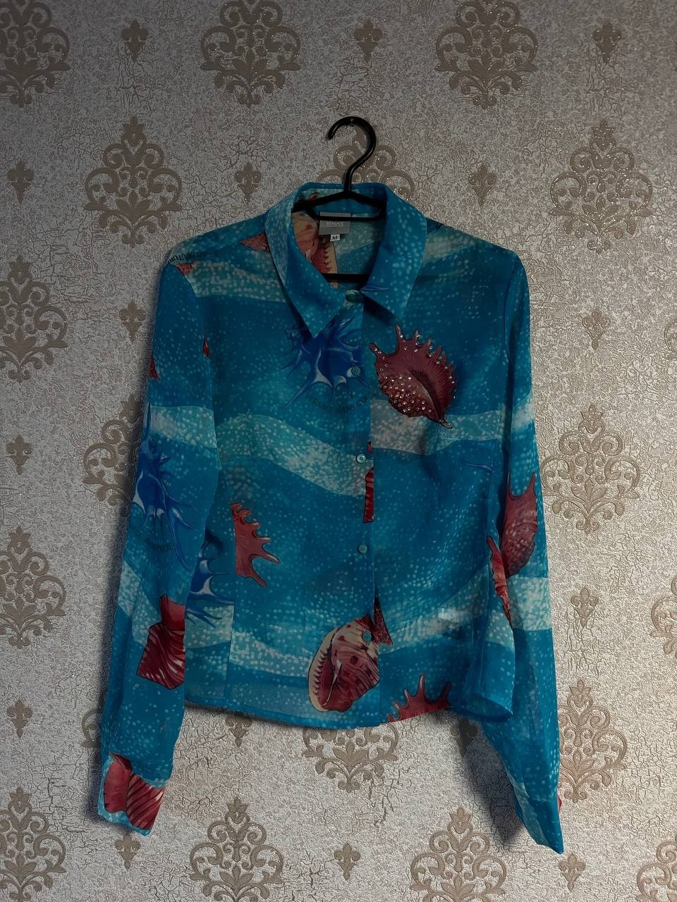 Vintage Versace Jeans Couture Shirt Women's M Blue Seashell Print Sheer Mesh Top