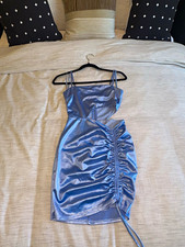 Windsor Blue Satin Ruched Bodycon Mini Dress Square Neck Zip Strappy Size S