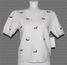 CALLIGRAPHIE Embroidered Dachshunds Ivory Tight Knit S/S Sweater Wm's NWT Nice 
