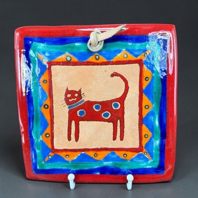 Handmade Studio Pottery Ceramic Wall Art Tile Red Cat Folk Art Signed ThickHeavy