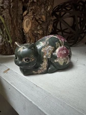Vintage Fitz & Floyd Chinese Porcelain Cat Figurine SATSUMA Style 1970’s Green