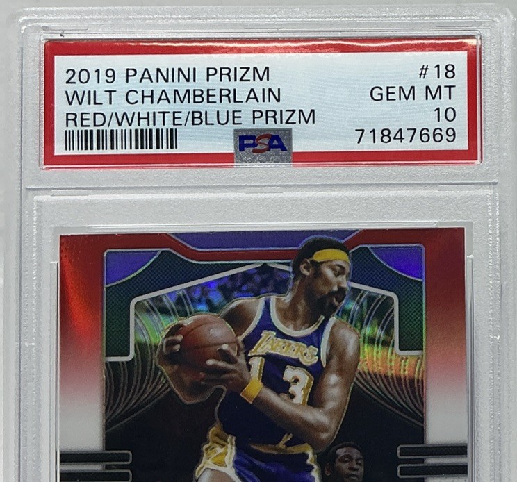 Wilt Chamberlain PSA 10- 2019 Panini Prizm ‘Red White & Blue’ -Warriors, Lakers view 2