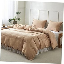 100 Washed Cotton Duvet Cover Set 3pcs with Bowknot Ties Strap Full Cinnamon