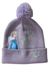 Frozen Elsa Beanie Girls Kids Purple Winter Hat Pom Pom Snowflake Disney OS