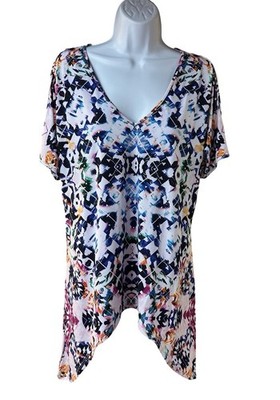 Boston Proper NWT Blurred Diamond Top L Blue Multi V Neck Sharkbite Hem Blouse