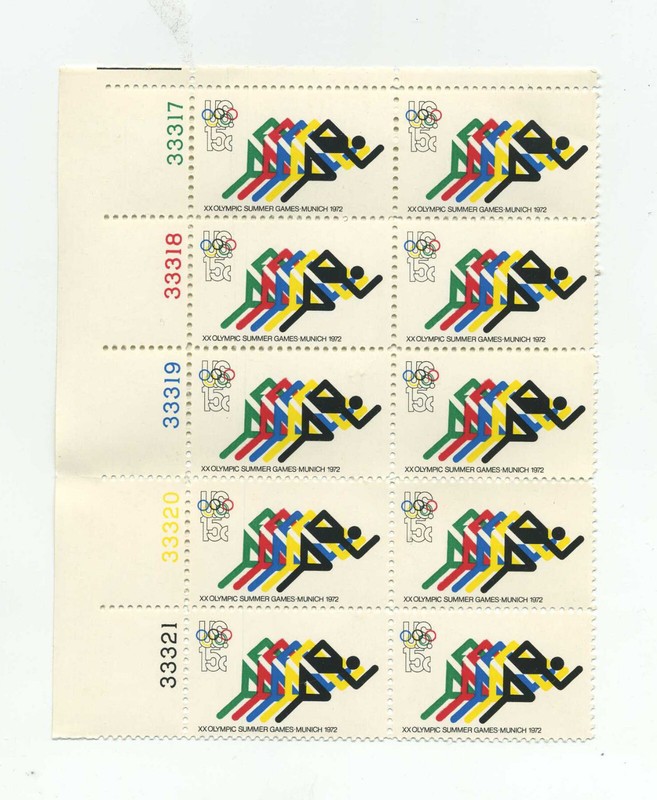Olympic Runners Stamp of 1972, Scott #1462 - Plate Block of 10 Stamps