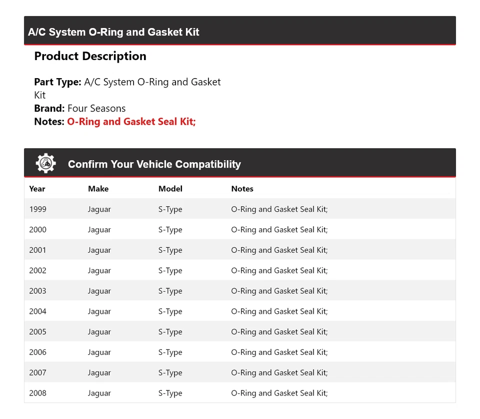 Kit de juntas y junta de sistema de aire acondicionado tipo S para Jaguar 1999-2008 4 estaciones 2000 2001 Foto 2 de 4
