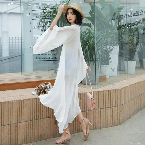 Damen Transparent Chiffon Kimono Lange Jacke Cardigan Schal Achselzucken Bolero Sommer Strand - Bild 19 von 25