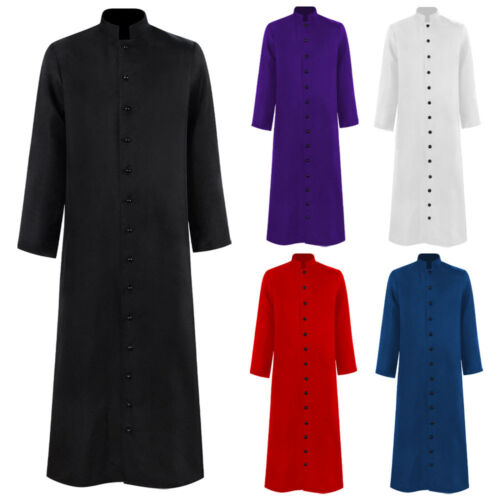 Men Clergy Robes Cassock Church Priest Costume Stand Collar Liturgical Vestments - Picture 1 of 26