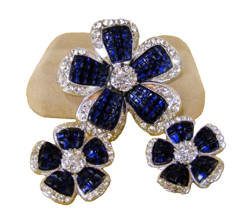 Avon NR 3 pc Set Brooch Pierced Earrings Cobalt & Rhinestone Flower 2" Stunning
