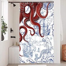Stall Nautical Octopus Shower Curtain Navy Blue 36"W x 72"L Pack of 1 Red