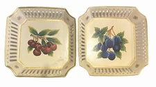 Decorative Plates Hand Painted Ceramic Cherries Grapes Reticulated Gilt Set of 2