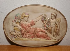 1970s Ceramic Relief 3D Roman/Greek Mythological Goddess w/Cherub Wall Plaque