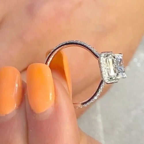 2.50Ct Radiant-Cut VVS1 Moissanite Halo Engagement Ring 14k White Gold Plated - Picture 3 of 4