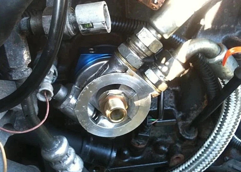 Placa sándwich filtro enfriador de aceite plateada + adaptador de termostato 3/4" 16-UNF con AN10 Foto 3 de 4