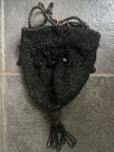 1920’s Flapper Black Glass Beaded Handbag Tasseled Drawstring Purse Evening Bag - Picture 12 of 15