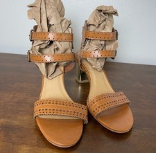 Sandali donna JustFab marroni con cinturino alla caviglia e tacco grosso oro (taglia 7,5)