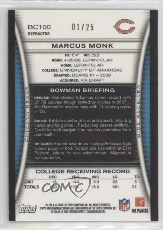 2008 Bowman Chrome Rookie Auto Gold Refractor /25 Marcus Monk #BC100 Auto RC - Image 2 of 2