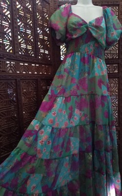 Beautiful Smock Slv. Elastic Waist*Green Paisley Floral Long Maxi Dress Sz M
