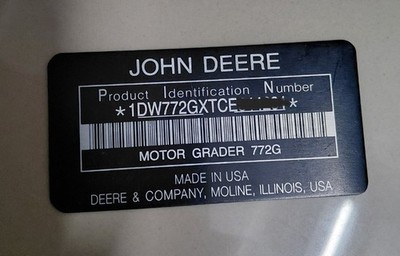 Aluminum Data Plate Engraved Fit For John Deere MOTOR GRADER 772G