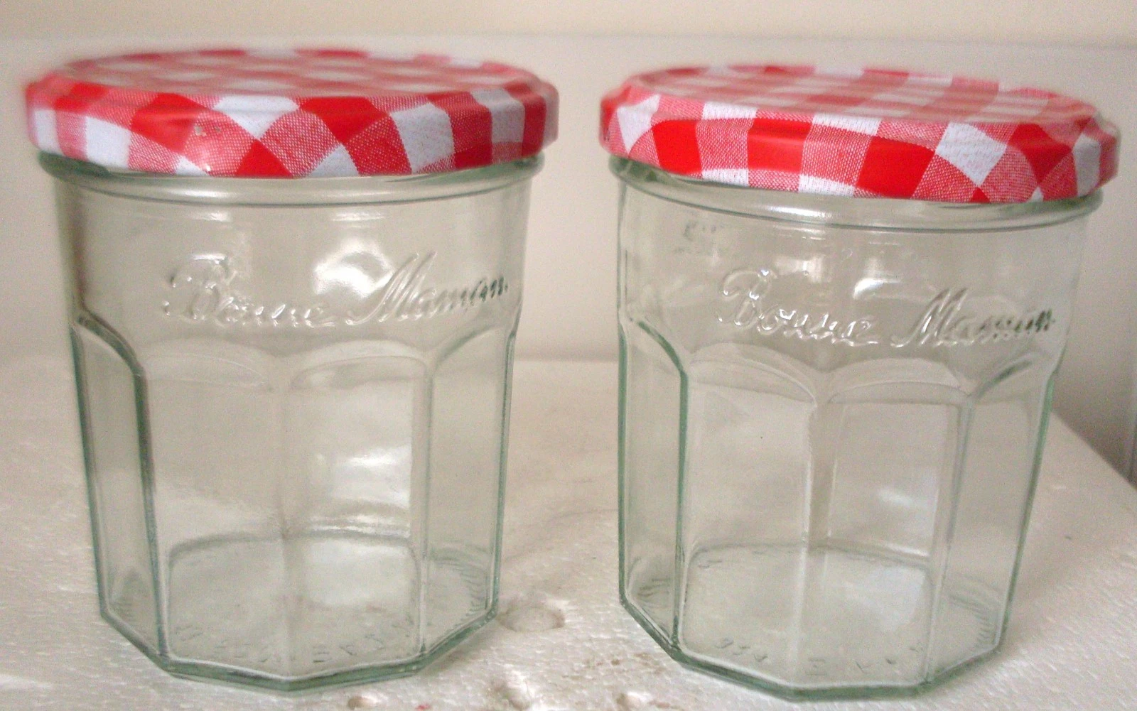 2 Bonne Maman Empty Jam Jars 13 oz – Glass Storage w/ Red Gingham Lids 3.75"