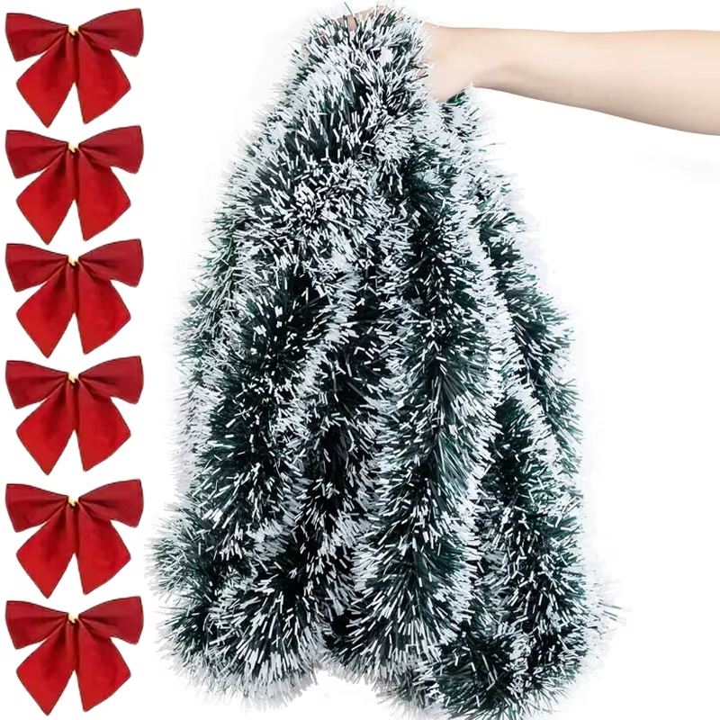 Christmas Bow Tinsel Ribbons Green Cane Ribbon Garland Xmas Tree Hanging Pendent