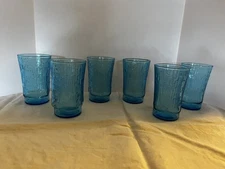 Vintage Anchor Hocking Pagoda Juice Glasses Flat Tumbler Lazer Blue Bamboo (6)