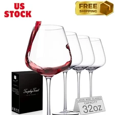 Extra Large 32oz Wine Glasses Set of 4 - Hand Blown Red Wine Glasses With Long