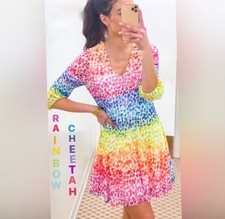 VILAGALLO New Rainbow Leopard Animal Print Tiered Short Dress NWOT Sz 38 US 4