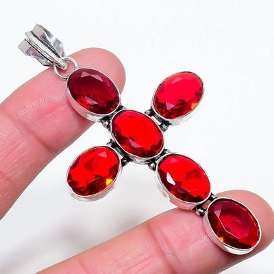 Faceted Mozambique Garnet Gemstone 925 Sterling Silver Cross Pendant 3.20'' M168