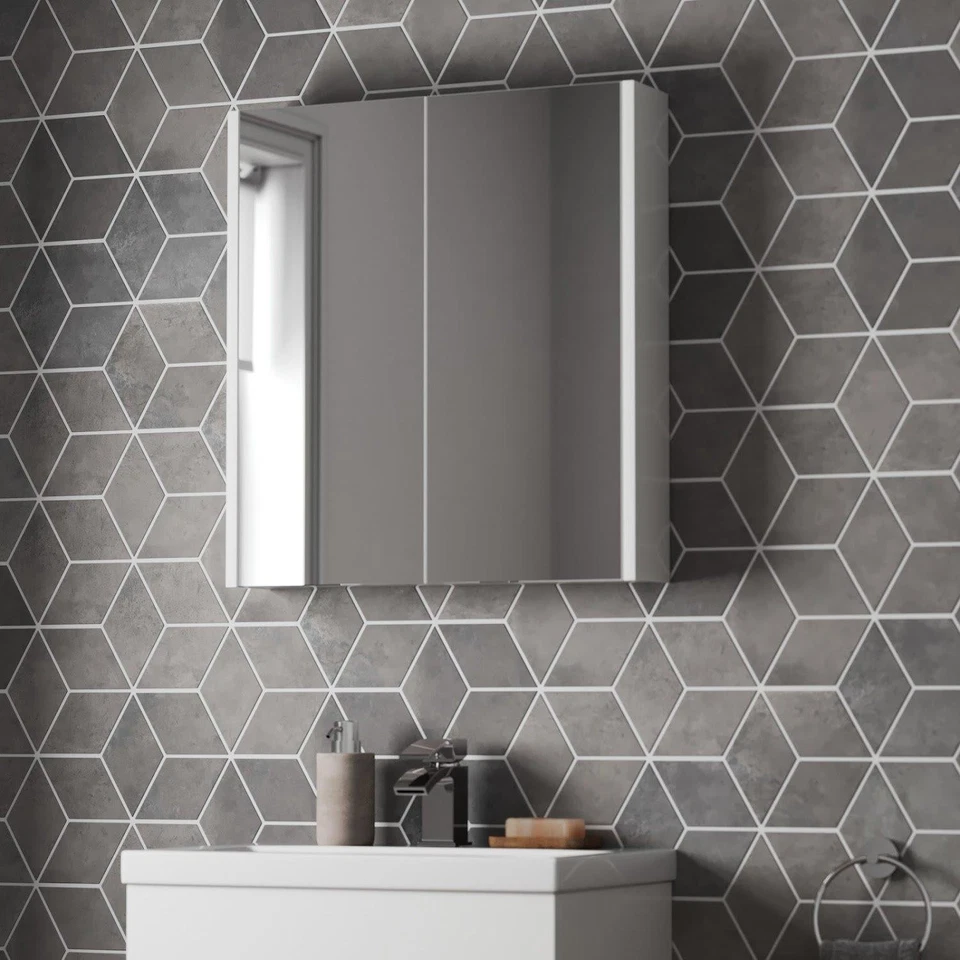 600mm Bathroom Mirror Cabinet 2 Door Storage Cupboard Wall Hung Modern White - Image 3 of 4