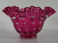 Vintage Fenton Cranberry Hobnail Opalescent Ruffle Art Glass Bowl H 4.5" W 7"