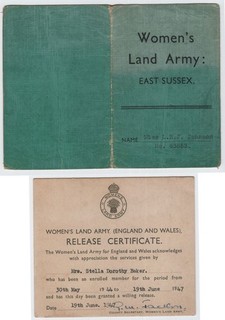 WW2 Womens Land Army Sussex Membership Card & Release Certificate Documents