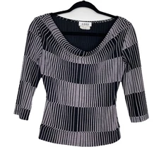 Vtg A. Byer Top Womens Medium Black Gray Geometric Textured Cowl Neck 90s Y2K