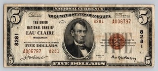 $5 National Currency Eau Claire Wisconsin 1929 CH#8281 Brown Seal Banknote Bill