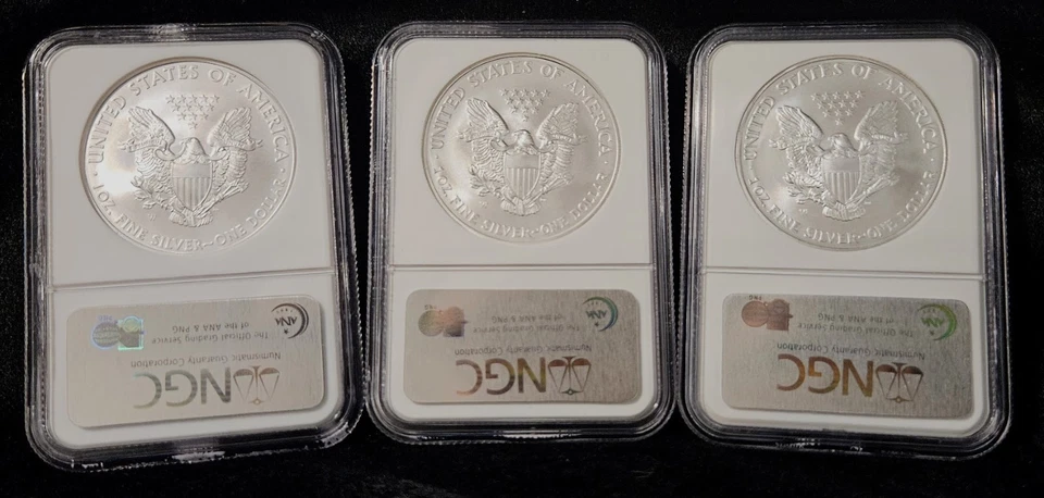 $1 Silver Eagle W Burnished  3 Coin Set - 2007 2008 & 2008 Rev of 2007 NGC MS69 - Image 2 of 4