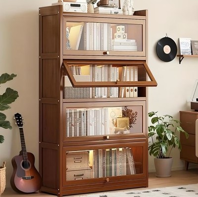 55'' Tall Bamboo Bookshelf with Acrylic Doors, 4 Tier Storage lockable Cabinet